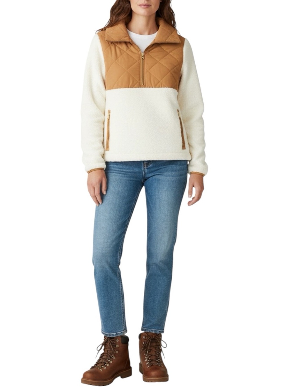 J. CREW Quilted Chest Sherpa Pullover Jacket - Cream / Camel MED — FALL VIBES - Picture 3 of 13